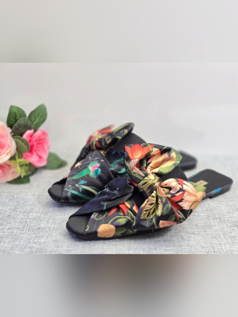 Zara Basic Satin Floral Slide Sandals Size 41 EU 9.5 US Multicolor Mules Topical